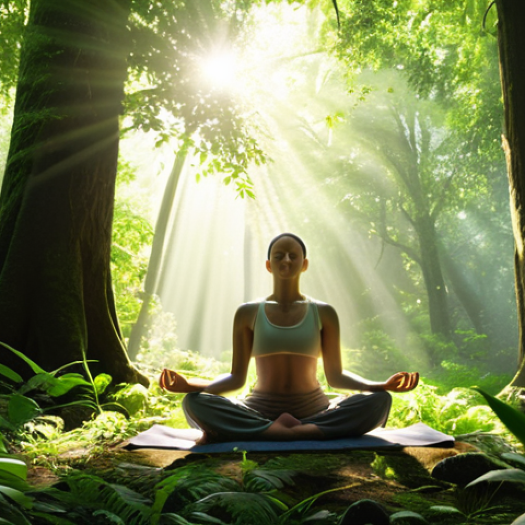**A person meditating in a serene forest surrounded by lush greenery, sunlight filtering through the trees, creating a peaceful and calming atmosphere.**