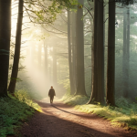 A serene misty forest path at dawn, sunlight filtering through the trees, emphasizing the feeling of walking mindfully and connecting with nature. Focus on the peaceful atmosphere and the beauty of the natural elements.