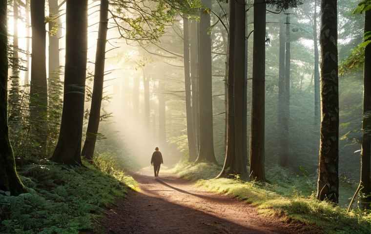 A serene misty forest path at dawn, sunlight filtering through the trees, emphasizing the feeling of walking mindfully and connecting with nature. Focus on the peaceful atmosphere and the beauty of the natural elements.
